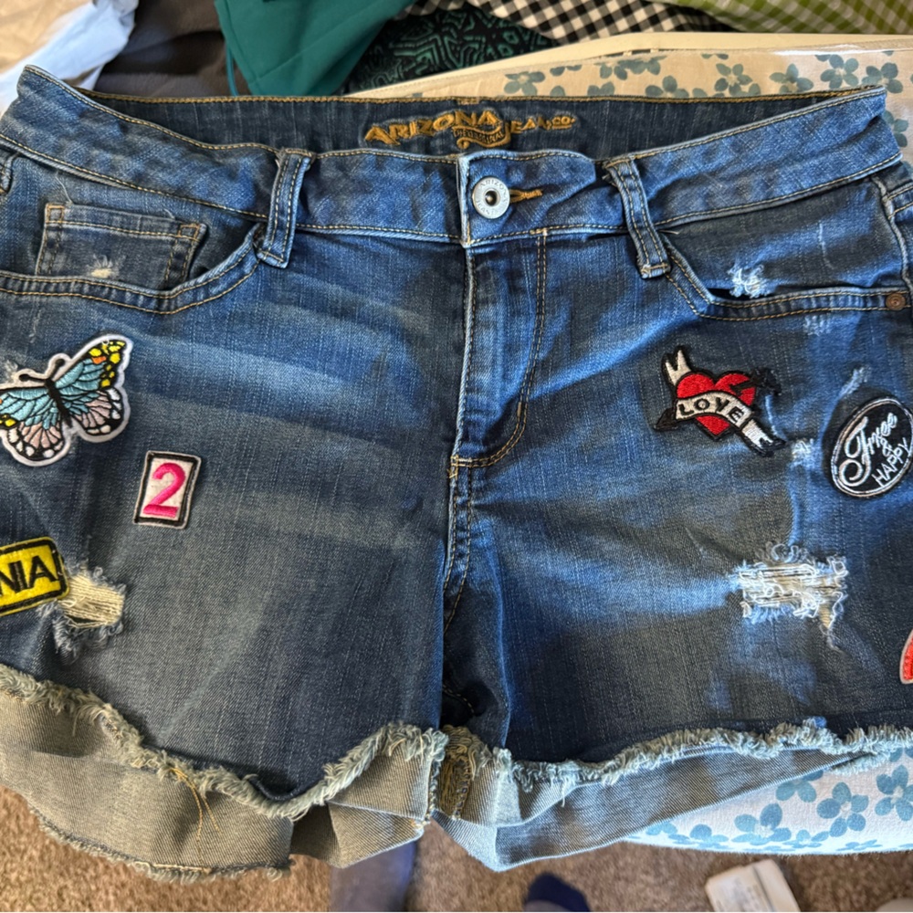 Arizona Jean Co Distressed Patch Denim Shorts - Blue